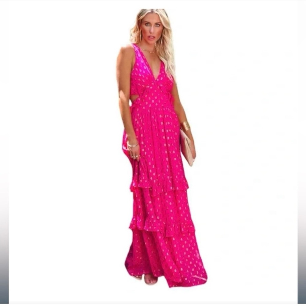 Vici pink maxi dress with gold thread detailing